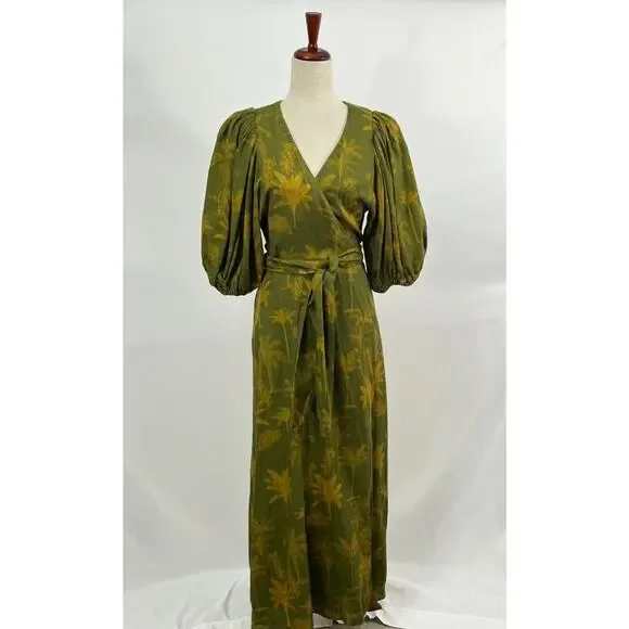 JUAN DE DIOS Sz M/L Ermita Wrap Around Midi Dress Green Palms Linen - Picture 9 of 16
